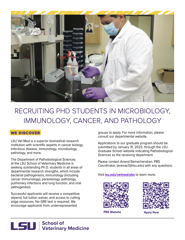 Department of Pathobiological Sciences LSU Vet Med seeking Ph.D. students.